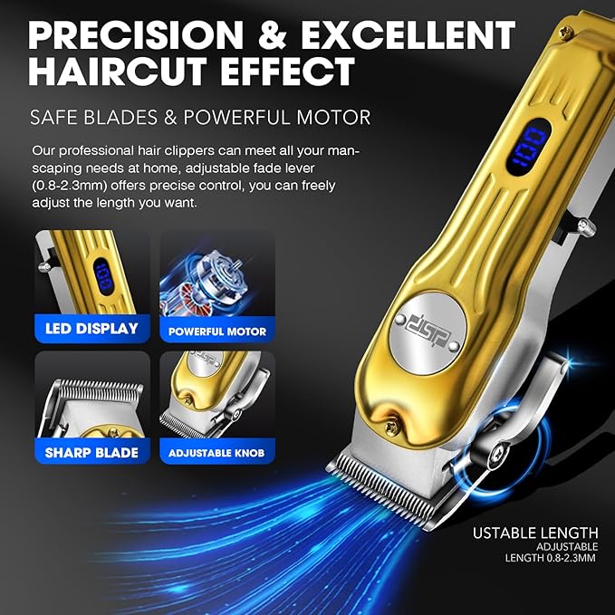DSP Professional Hair Clipper for Men, Clipper and Trimmer Set - Electric Clipper for Hair Cutting, Cordless Barber Clipper Set with LED Display for Men Gift (Gold)