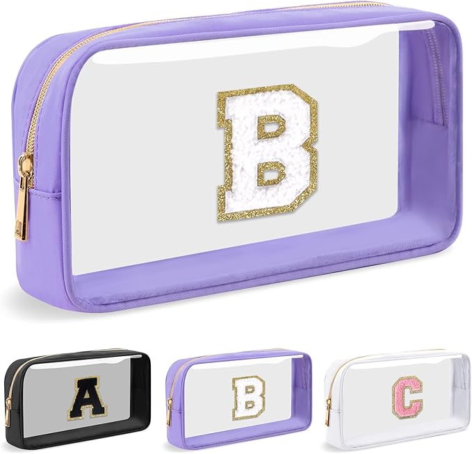Personalized Initial Letter Clear Makeup Bag,Preppy Small Nylon&PVC Cosmetic Zipper Bag with Chenille Letter,Travel Skincare Toiletry Bag,Monogram Christmas Gift for Teen Girls Women,B