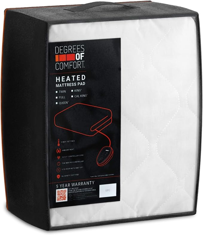 Degrees Of Comfort Heated Mattress Pad Twin Size | Zone Heating Electric Bed Warmer W/Auto Shut Off | Fit Up to 15 Inch | 12.5ft Long Cord - 39x75 Inch, White