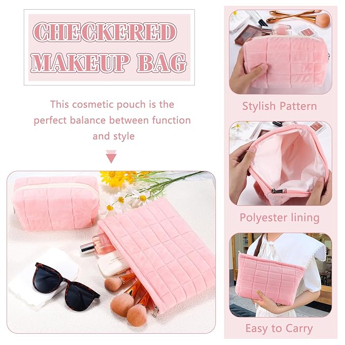 ZLFSRQ 2Pcs Makeup Bag for Women Trendy Large Capacity Cosmetic Bags Plush Pencil Case Pink Checkered Pouch for Purse Coquette Zippered Toiletry Bag Organizer Y2K Aesthetic Pencil Pouch