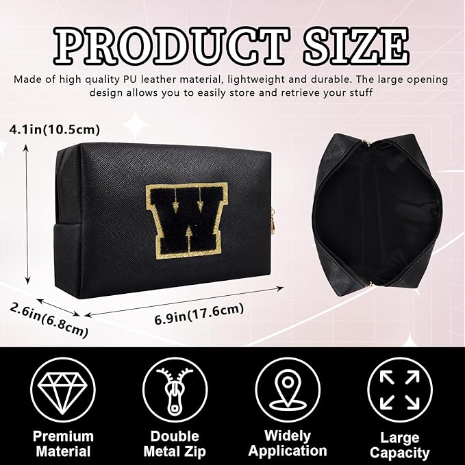 Personalized Initial Letter Patch Makeup Bag, Preppy Portable Chenille Cosmetic Bag with Zipper, PU Leather Waterproof Travel Toiletry Bag Monogram Make Up Pouch for Women Girls