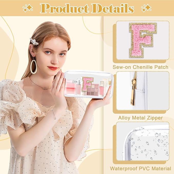 Personalized Initial Letter Clear Makeup Bag,Preppy Small Nylon&PVC Cosmetic Zipper Bag with Chenille Letter,Travel Skincare Toiletry Bag,Monogram Christmas Gift for Teen Girls Women,F