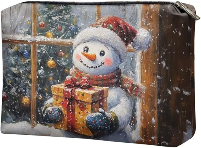 COEQINE Travel Pouch for Women Leather Cute Snowman Purses Travel Cosmetic Bag Soft Portable Cosmetic Face Brushes Holder Large Travel Makeup Brush Case for Womes Christmas Gifts