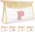Small Boho Straw Initial Letter Makeup Bag Personalized Gift ,Cute Clear Chenille Patch Makeup Bag With Zipper,Trendy TSA Approved Travel Toiletry Bag,Gift for Women Girls Birthday Friend, Letter P