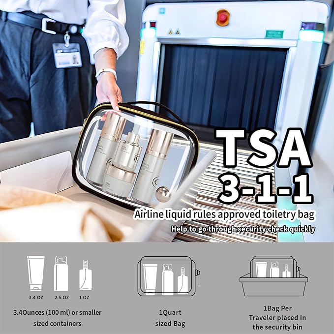 TSA Approved Travel Toiletry Bag,4 Pack Clear Makeup Bags with Handles,Quart Size Clear Cosmetic Bags for Traveling Women,Men,Carry on Airport Airline Compliant Bag,Black