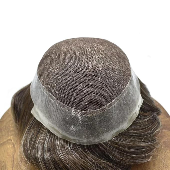 FACE MIRACLE Lace Front Mens Toupee Human Hair System Swiss Lace Center Toupee for Men Thin Skin PU Around Hair Replacement System V-Looped Mens Hair Wig Units 7"X9" #430 Medium Brown with 30% Gray