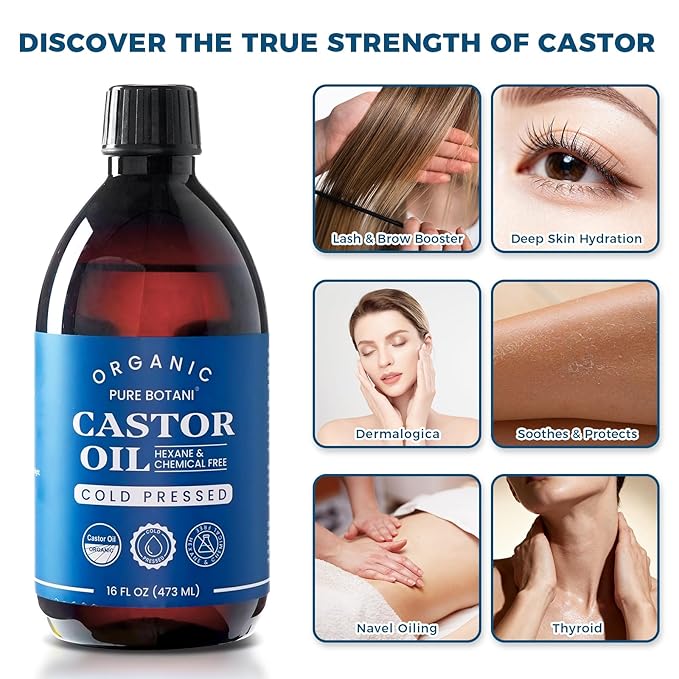 Castor Oil Organic Cold Pressed,100% Pure Hexane Free, Unrefined Natural Oil for Hair Growth, Eyelashes, Eyebrows, Skin & Body Moisturizing,16Oz