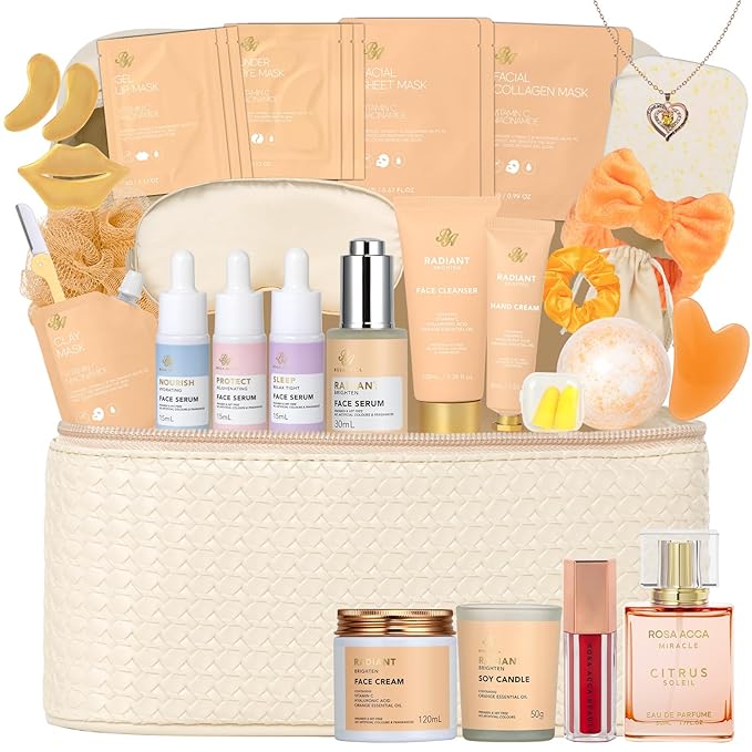 Christmas Gifts for Women, Orange 33 Pcs Facial Kit, Skin Care Gift Set, Self-Care Kit, Spa & Bath & Body Basket Gift, Beauty Bag Set, Collagen Gel Mask, Pampering Kit, Birthday Gift, Mother Day