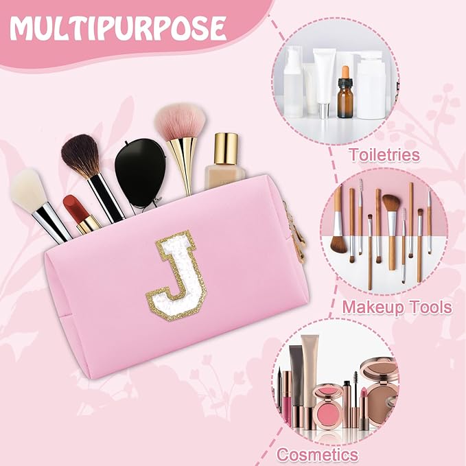 Personalized Preppy Small Travel Makeup Bag, Initial Chenille Letter Pink Makeup Bag Cosmetic Pouch Toiletry Organizer, PU Leather Waterproof Makeup Storage Cute Preppy Stuff for Female(Letter J)