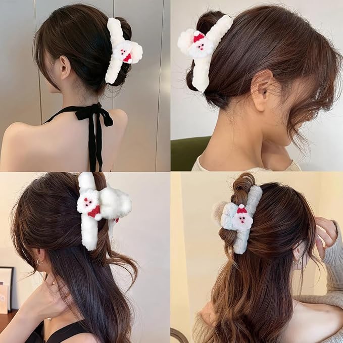 Christmas Hair Clips White Plush Acrylic Hair Claw Clips Cute Santa Claus Design Hairpins Xmas Hair Accessories Nonslip Large Clamp Clips for Medium Thin Hair Decoration 1Pcs