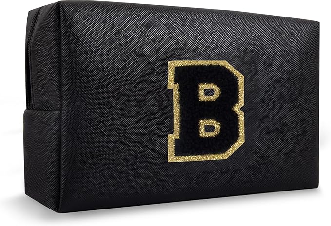 Personalized Initial Travel Preppy Makeup Bag, Small Cute Black Cosmetic Pouch Monogram Toiletry Organizer with Zipper, Waterproof PU Make Up Bags Storage Birthday Bridal Shower Women Gift (Letter B)