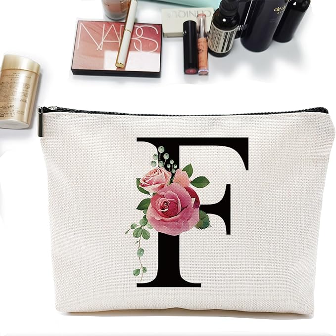 Initial A-Z Personalized Letter Makeup Bag, Monogrammed Bridesmaid Gifts/Presents Cosmetic Bag, Portable Stationery Storage Organizer Pouch, Friendship Love Travel Makeup Bags