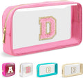Small Clear Personalized Initial Makeup Bag,Nylon Preppy A-Z Chenille Letter Patch Cosmetic Pouch Beach Toiletry Bag,Waterproof Zipper Travel Purse Storage Bag Organizer for Women Girls(Pink-Pink D)