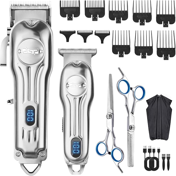 DSP Professional Hair Clipper for Men, Clipper and Trimmer Set - Electric Clipper for Hair Cutting, Cordless Barber Clipper Set with LED Display for Men Gift (Silver)