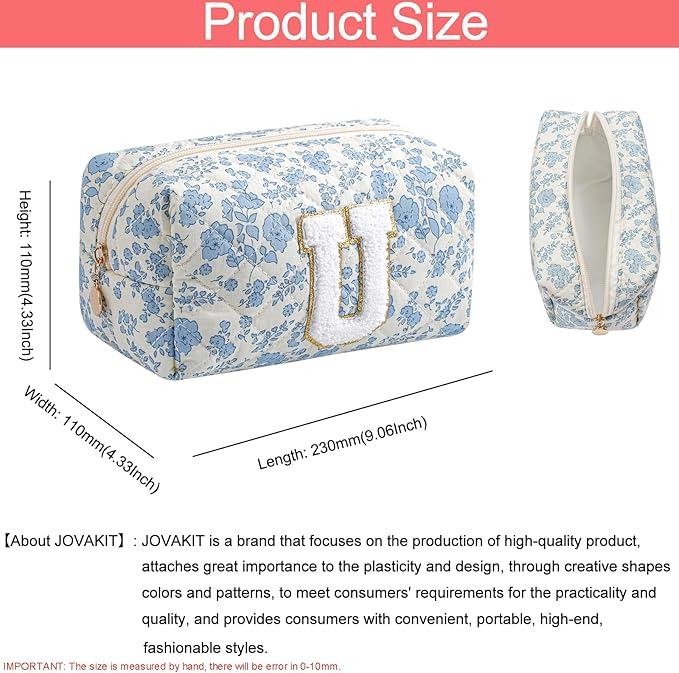 JOVAKIT Alphabet Makeup Bag Cosmetic Bag for Women, Christmas Gifts for Girls Age 6-18, Floral Flowers Coquette Travel Toiletry Zipper Make Up Pouch Organizer Trendy Stuff (Blue Floral U)