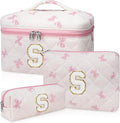 Initial Makeup Bag Set, Personalized Quilted Makeup Bag, Large Floral Cosmetic Bag for Women, Cute Cotton Custom Make up Bags, Flower Travel Toiletry Bag Teen Girl Gift Pink Butterfly S