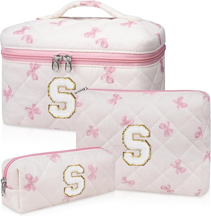 Initial Makeup Bag Set, Personalized Quilted Makeup Bag, Large Floral Cosmetic Bag for Women, Cute Cotton Custom Make up Bags, Flower Travel Toiletry Bag Teen Girl Gift Pink Butterfly S