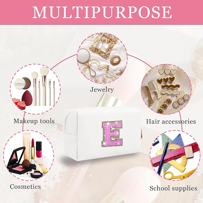 Personalized Initial Letter Makeup Bag, Preppy Glitter Letter Patch Cosmetic Pouch Zipper,PU Waterproof Travel Toiletry Bag Cute Makeup Organizer Monogrammed Make Up Bag,Gift for Women Girls
