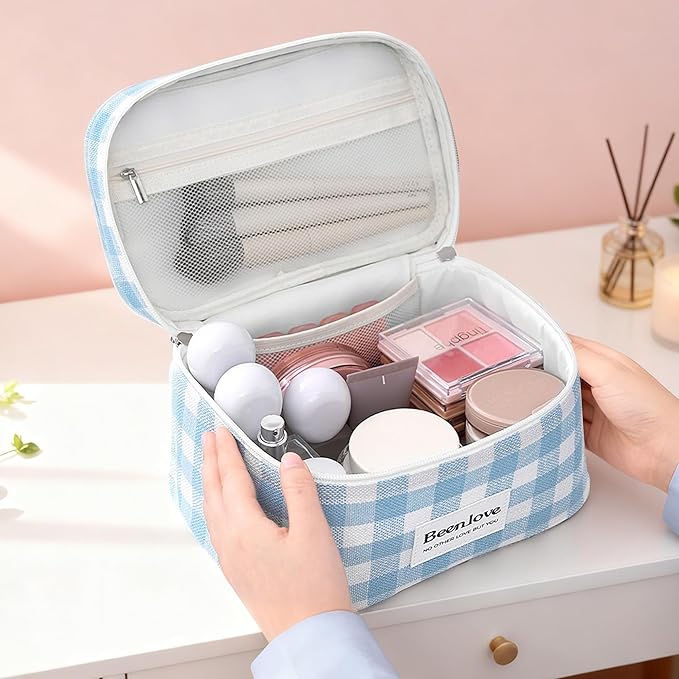 FAELBATY Makeup Bags for Women, 3 PCS Large Travel Makeup Bag Set, Checkered Fabric Cosmetic Bag for Toiletry (Black)