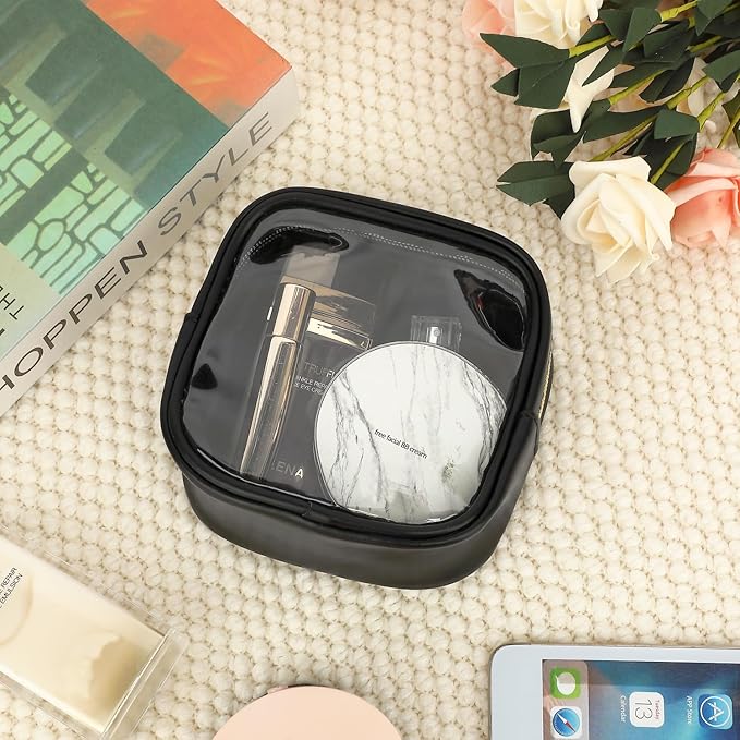 Clear Makeup Bag with 2 Cute Chenille patterns - Waterproof PU Leather Cosmetic Case, Mini Personalized Toiletry Pouch for Women & Teens, ideal for Travel & Gift
