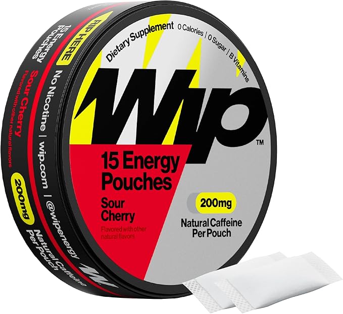 Wip Energy Pouches | 200mg Natural Caffeine | Vitamins and Minerals | Sour Cherry | 15 Pouches Per Can | 1 Can