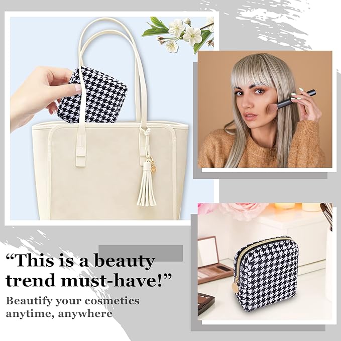Nylon Mini Makeup Bag for Purse, Small Cute Makeup Bag Preppy Cosmetic Zipper Pouch Purse, Waterproof Travel Coin Pouch Sanitary Napkin Storage Bag Makeup Organizer for Women Girls(Black Houndstooth)