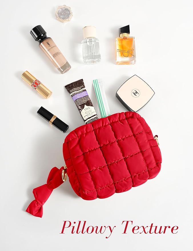 Yarnic Quilted Makeup Bag Puffy Cosmetic Bag, Travel Toiletry Bag for Women, Cute Makeup Bag Organizer Puffer Makeup Pouch (S, Red)