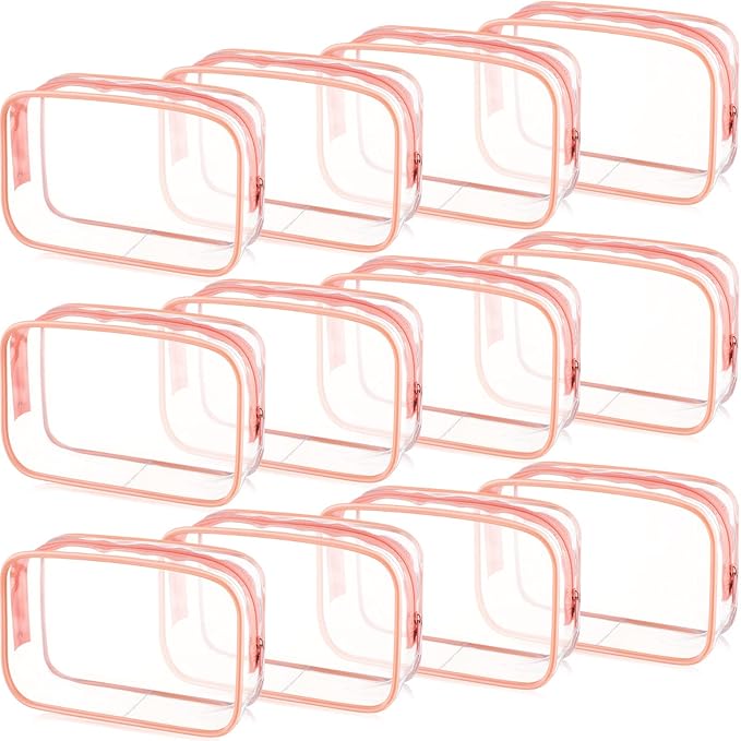 Weewooday 12 Pieces Clear Makeup Bags Cosmetic Storage Bags PVC Zipper Pouches Travel Waterproof Makeup Plastic Case for Women Organizing Toiletries Traveling Bathroom(Medium,Pink)