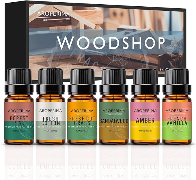 WOODSHOP Fragrance Essential Oil Set - French Vanilla, Amber, Forest Pine, Fresh Cotton, Fresh Cut Grass, Sandalwood 6x10ML for Diffusers, Massage, Perfume, Soap Making and Candle