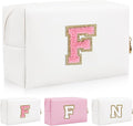 Personalized Initial Letter Patch Makeup Bag, Preppy Portable Chenille Letter Cosmetic Bag with Zipper, PU Leather Waterproof Travel Toiletry Bag Monogram Make Up Pouch for Women Girls(Letter F)