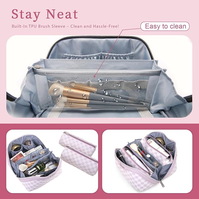 BOYATU Travel Makeup Bag Cosmetic Bags for Women: 3 Pcs Set Portable Make up Bag with Handle - Vegan Leather Toiletry Bags with Compartments - Makeup Organizer for Travel Essentials(C-5-Purple)