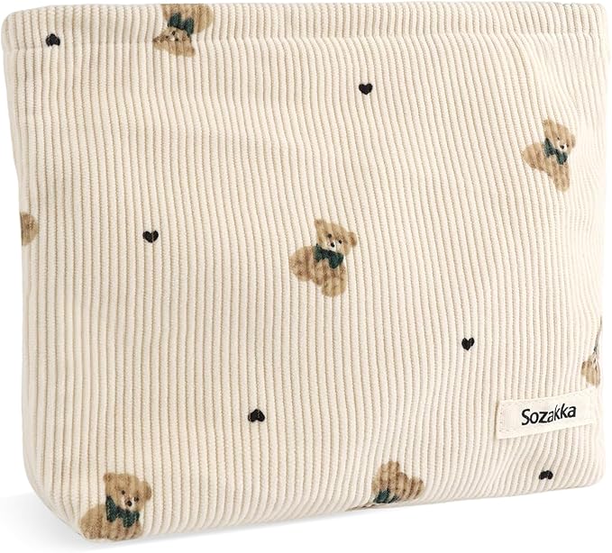 Corduroy Makeup Bag Cute Small Soft Zipper Cosmetic Bag for Purse Coquette Aesthetic Cosmetic Pouch with Bear Toiletry Storage Pouches Travel Makeup Bags Organizer Gifts for Women (Beige)