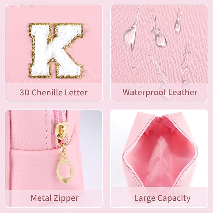 MSQ Personalized Makeup Bag Initial A-Z Patch Bag, PU Leather Cosmetic Bag Pouch Travel Toiletry Bag with Zipper, Gift Ideal for Teen Girls Friend Mom Women Birthday(Pink K)