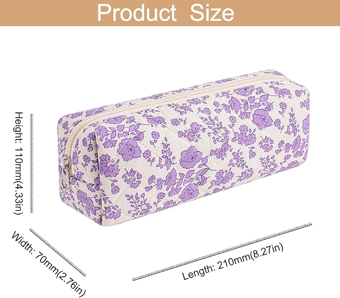 Cute Floral Cotton Makeup Brush Cosmetic Bag for Women, Travel Quilted Zipper Make Up Bag, Flowers Toiletry Organizer Case Kawaii Makeup Cosmetic Travel Cloth Pouch (Blue+Big Purple Floral)