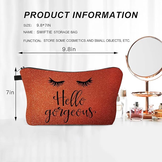 Hello Gorgeous Makeup Bag – Sparkly Orange Cosmetic Bag for Women – Travel Toiletry Organizer Pouch – Glitter Zipper Bag Bridesmaid Gift, Birthday, Holiday