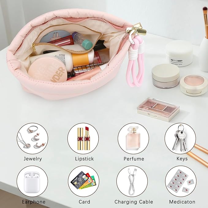 DOB SECHS Quilted Makeup Bag with Handle Detachable Cute Puffy Cotton Cosmetic Bags for Women, Small Puffer Toiletry Zipper Make Up Pouch, Quilt Clutch Bag Travel Organizer Storage Pouches Case, Pink