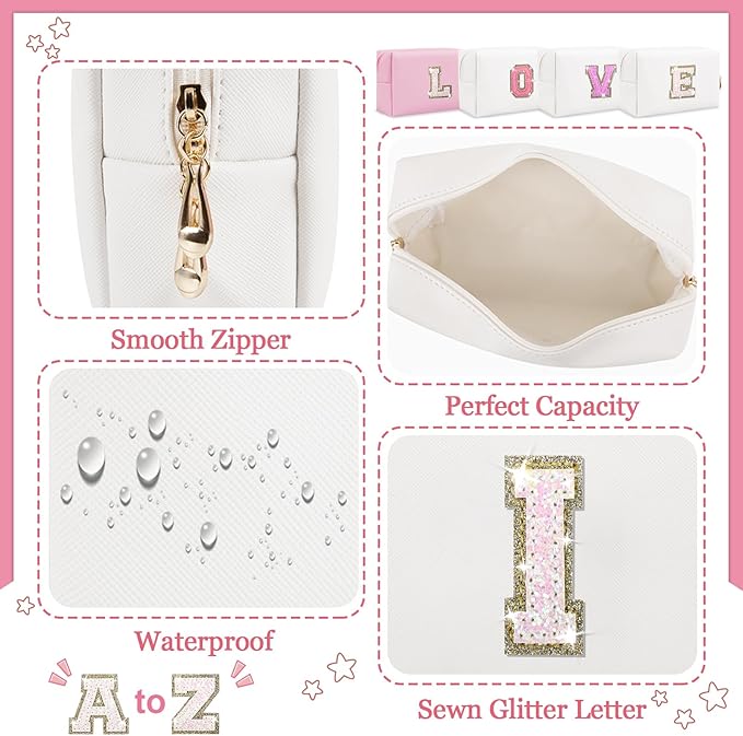 Initial Letter Patch Makeup Bag, Small Preppy A-Z Glitter Letter Cosmetic Bag, PU Leather Waterproof Travel Toiletry Bag, Cute Make Up Pouch Personalized Monogrammed Gift for Women Teen Girls