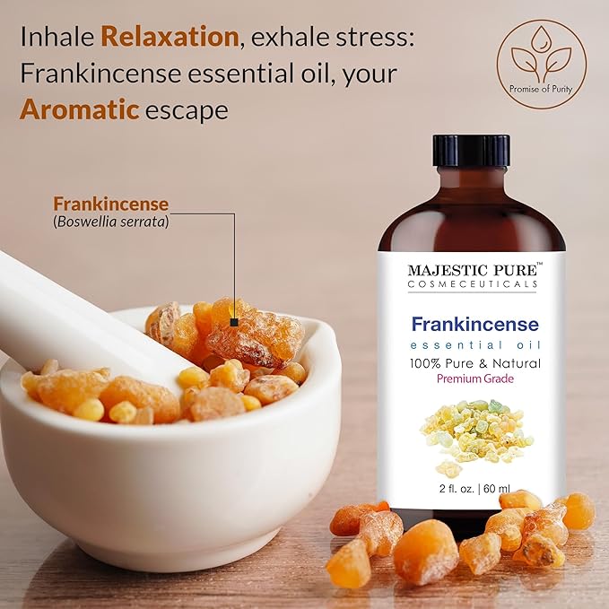 Majestic Pure Frankincense Essential Oil with Glass Dropper - 2 Fl Oz - 100% Pure and Natural Frankincense Oil - Premium Grade Essential Oils for Diffuser, Aromatherapy, Soap and Candle Making