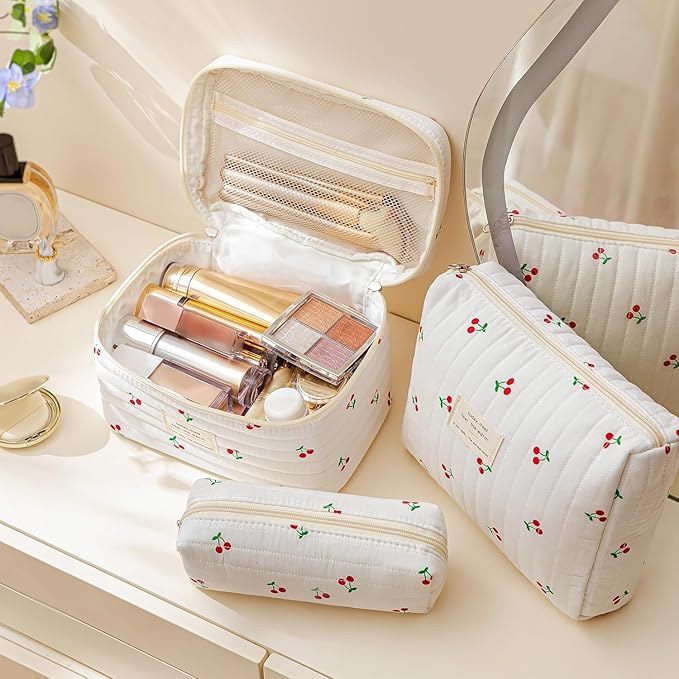 HBselect Quilted Makeup Bag, 3PCS Cotton Large Travel Makeup Bag, Cute Floral Coquette Make up Bag Cosmetic Bag Toiletry Bag for Women Girls