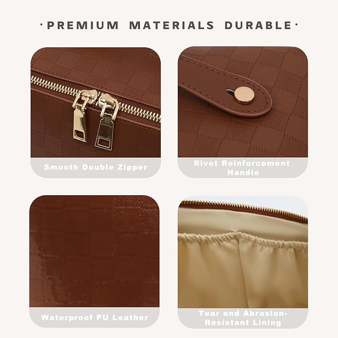 Travel Makeup Bag – Large Cosmetic Organizer with Waterproof PU Leather, Smooth Double Zipper & Tear-Resistant Lining, Toiletry Pouch for Women (Brown)