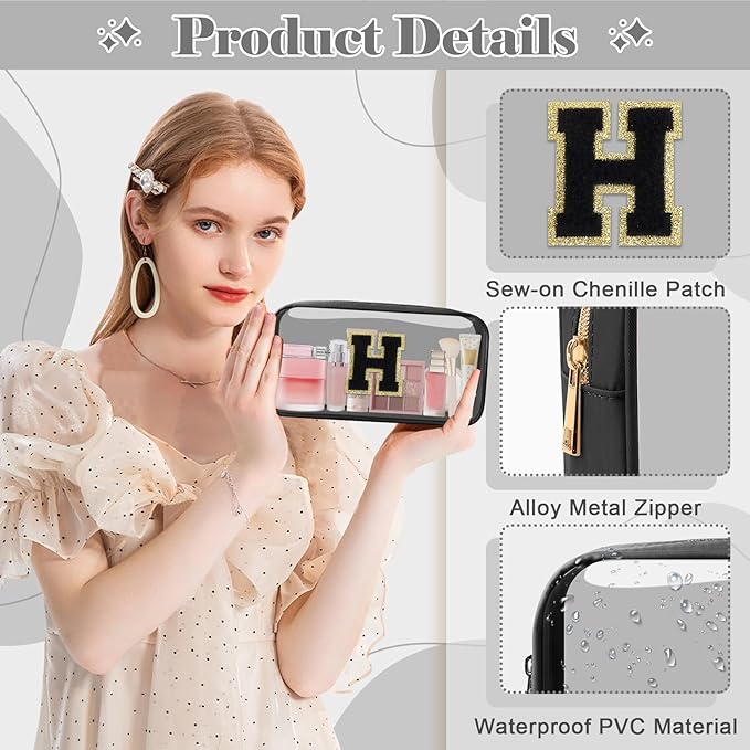 Personalized Initial Letter Clear Makeup Bag,Preppy Small Nylon&PVC Cosmetic Zipper Bag with Chenille Letter,Travel Skincare Toiletry Bag,Monogram Christmas Gift for Teen Girls Women,H