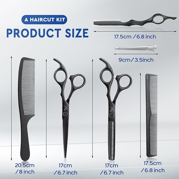 JASON Hair Cutting Scissors Set - Professional 10 PCS Haircut Scissors kit, Thinning Blender Scissors, Straight Shears with 30 Teeth for Men Women Home Salon Barber (6.5", Black) Christmas Gift
