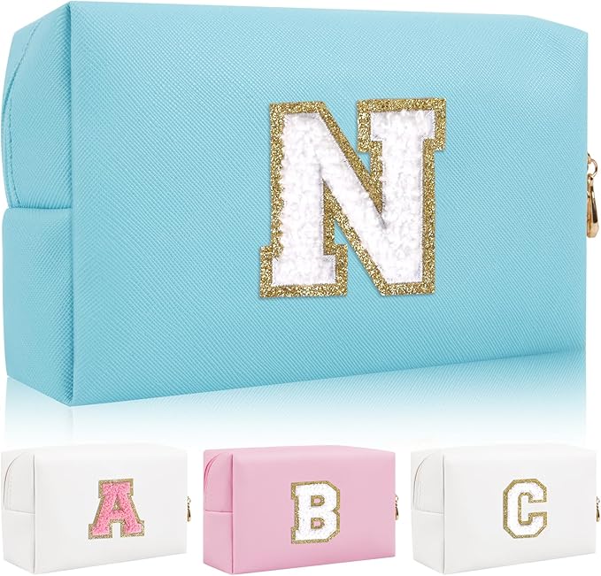 Personalized Initial Letter Patch Makeup Bag, Preppy Portable Chenille Letter Cosmetic Bag with Zipper, PU Leather Waterproof Travel Toiletry Bag Monogram Make Up Pouch for Women Girls