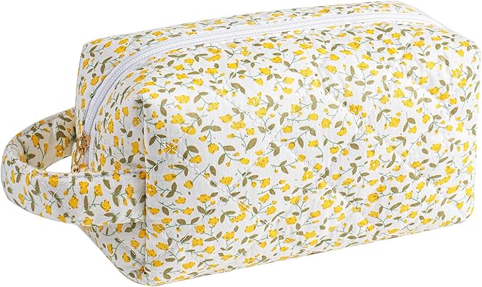 JOVAKIT Travel Makeup Bag Cosmetic Bag for Women, Christmas Gifts, Small Floral Flowers Coquette Toiletry Bag with Handle, Zipper Make Up Pouch Organizer Bag Trendy Stuff (Yellow Floral)