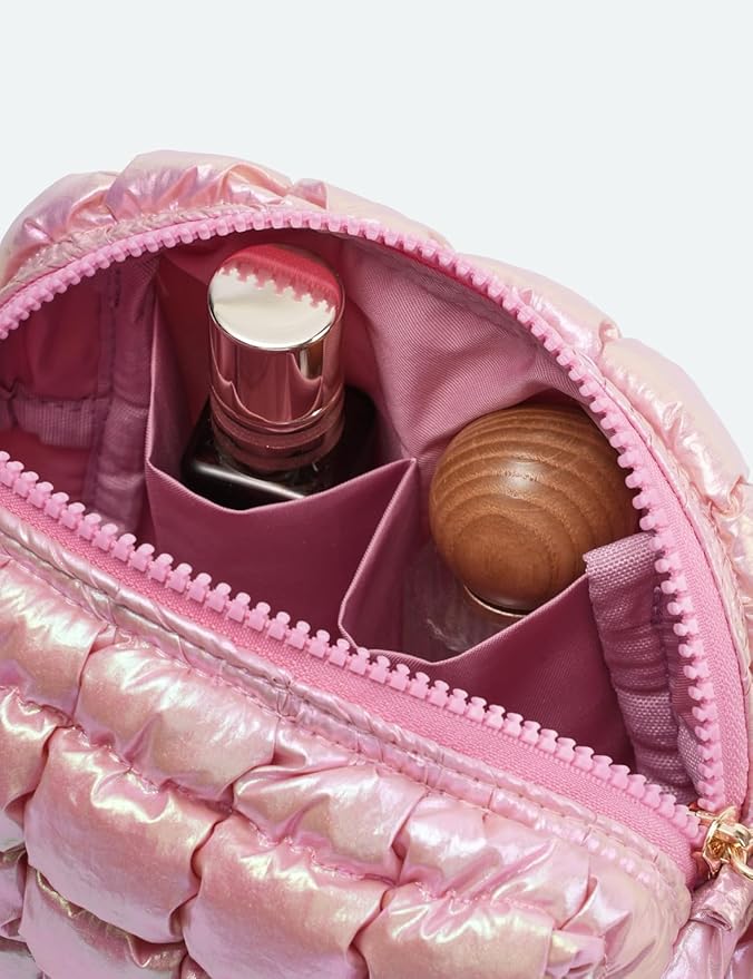 Yarnic Quilted Makeup Bag Cosmetic Bag, Travel Toiletry Bag for Women, Cute Makeup Bag Organizer Puffer Makeup Pouch (Iridescent Pink, S)