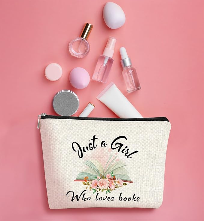 Book Lovers Gifts Small Makeup Bag, Bookish Gifts for Book Lovers for Women Cosmetic Bag, Birthday Gift Ideas for Reader Just A Girl Who Loves Books