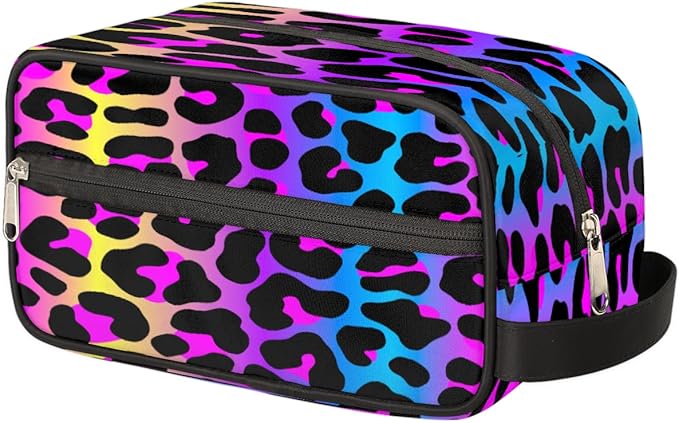 Rainbow Cheetah Leopard Print Travel Toiletry Bag for Women Men Lightweight Cosmetic Makeup Bag Organizer Waterproof Shaving Bag Dopp Kit with Large Capacity for Toiletries and Shaving Accessories