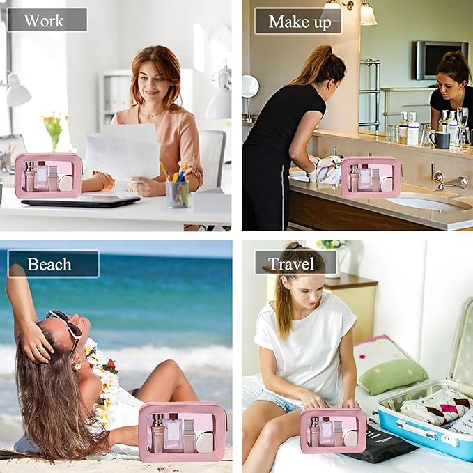 Clear and Waterproof Makeup Bag Portable Travel Cosmetic Case Organizer for Women Toiletry Pouch with Transparent Vinyl Windows & Zippers (Black)