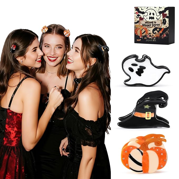 Mini Cute Halloween Acetate Hair Claw Clips for Women- Italian Designed Original Handmade Vintage Halloween Hair Accessories- Pumpkin, Witch Hat, Ghost, Nonslip, Plant-Based, Gift Boxed, 3-Pack