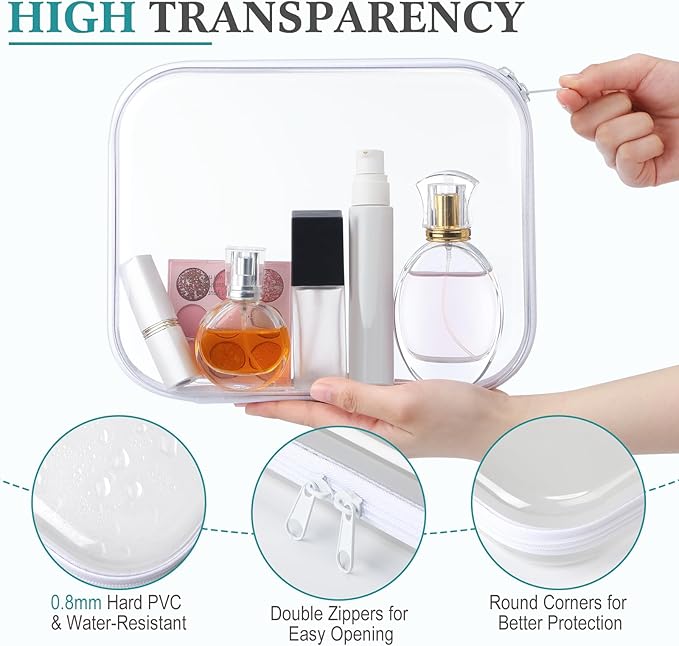 Sanwuta 6 Pcs Clear Hard Zipper Case Hard Plastic Zipper Pouches Makeup Bag Pencil Pouches Transparent Cases for Snacks Plastic Storage Organizer Box for Travel(White,9.84 x 7.87 x 2 Inch)